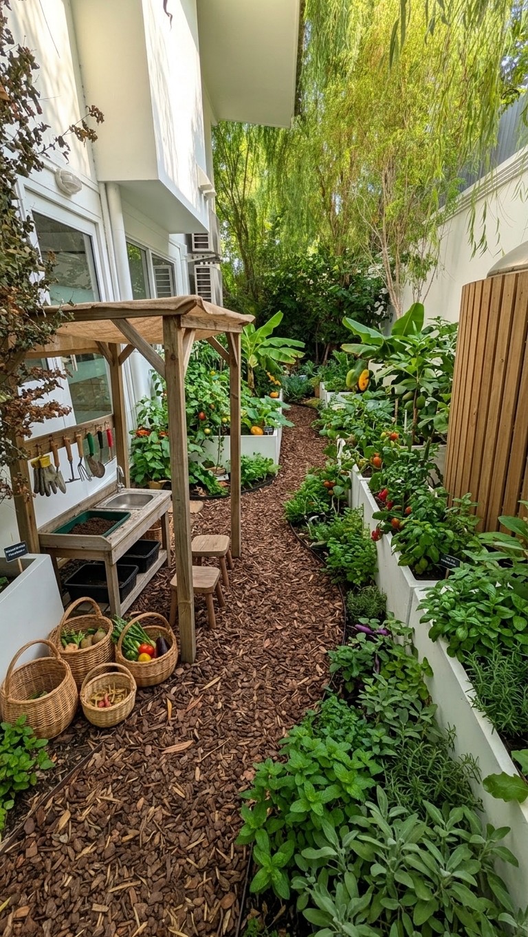 Concept render of the edible garden, with growing beds and a potting bench