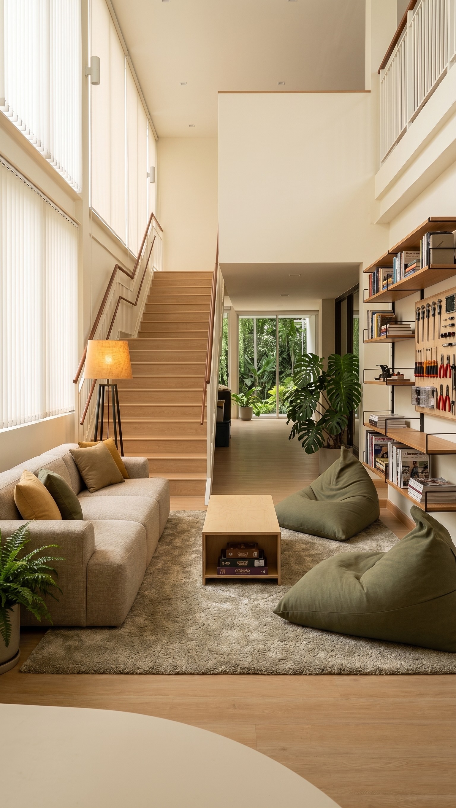 Concept render of an indoor lounge with sofas, beanbags and books beneath the stairs