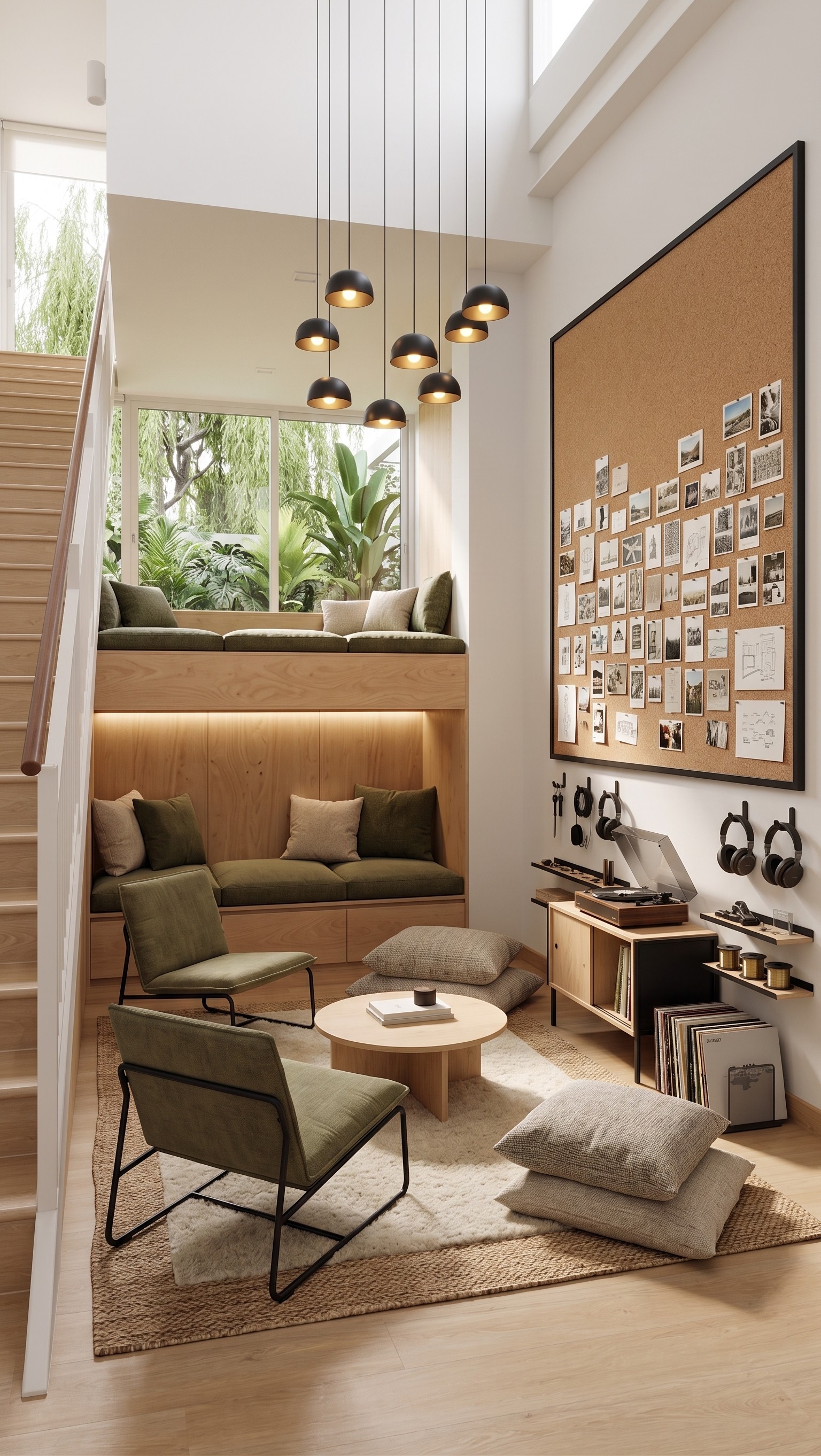 Concept render of a second lounge with tiered seating, music and a shared inspiration board