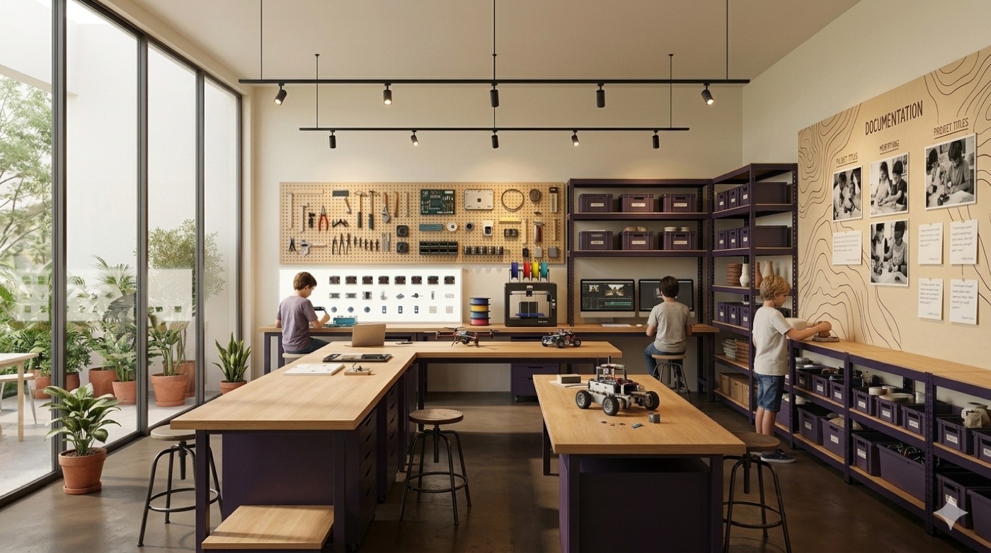 Concept render of the purple maker studio, with workbenches, tools and robotics