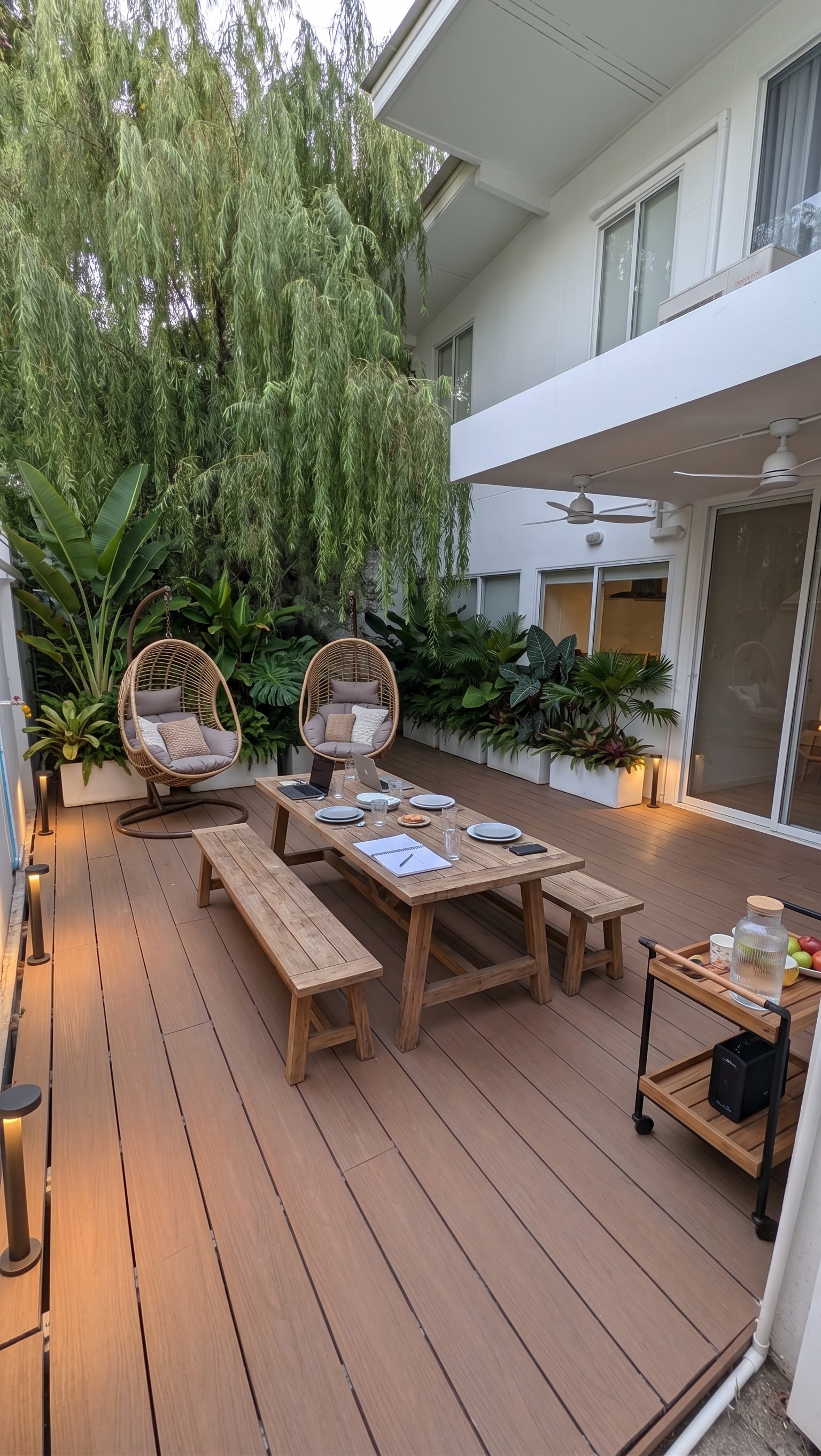 Concept render of the shaded outdoor deck with shared tables and hanging chairs