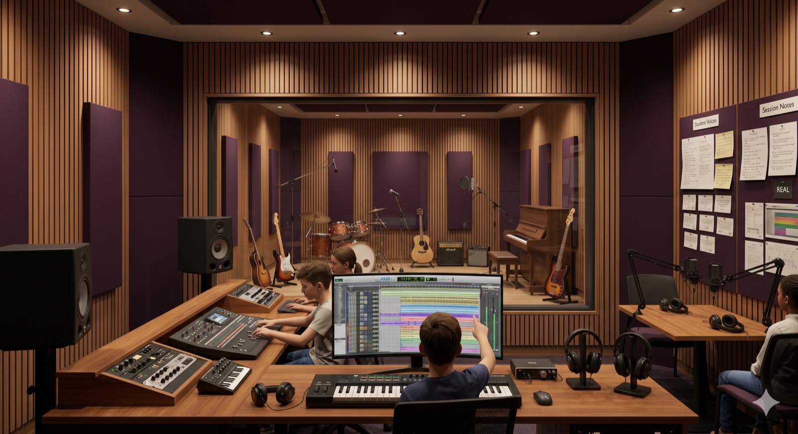 Concept render of the music studio, with recording equipment and musical instruments