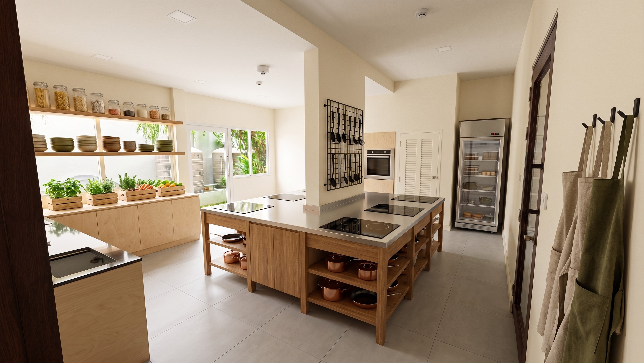 Concept render of the test kitchen, with cooking islands, herbs and shared equipment
