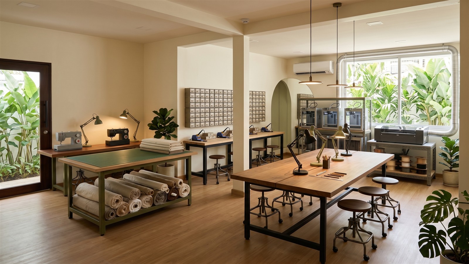 Concept render of the Hub fabrication studio, with sewing machines, 3D printers and shared making tables